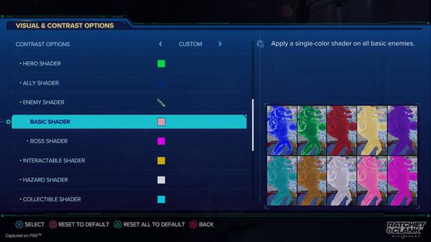 Algunas de las opciones de accesibilidad de Ratchet and Clank: Una dimensin aparte.