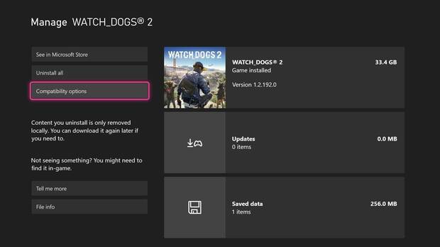 Menú de opciones de compatibilidad de Xbox Series X/S.