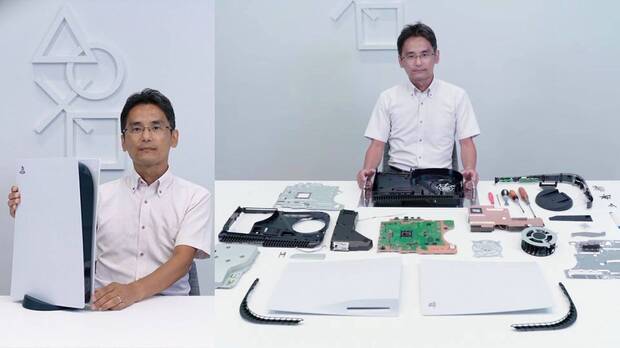 ¿Merece la pena comprar una PS4 Pro o PS4 en 2023? ¿Están ya obsoletas? - Fotograma que muestra a un técnico de Sony delante de una PS5 completamente desmontada, permitiendo ver todas sus piezas y componentes