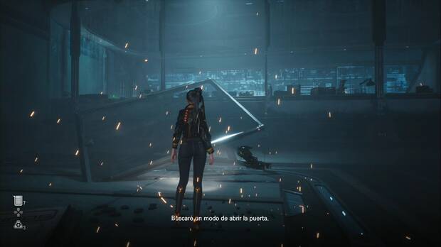 Stellar Blade - Abismo de Levoire: sala de control destrozada con un ventanal tirado que se puede usar a modo de pasarela