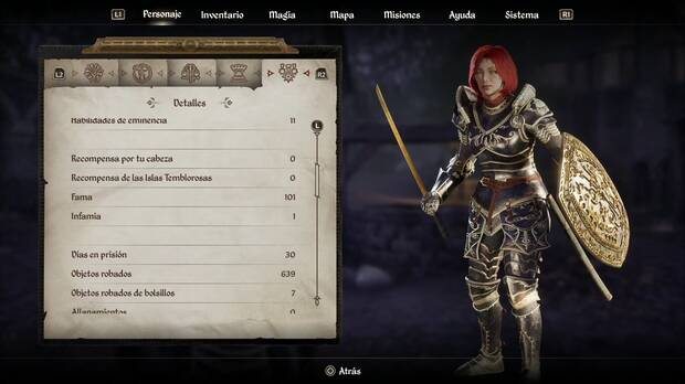 The Elder Scrolls IV: Oblivion Remastered - Fama e Infamia, menú de valores del personaje
