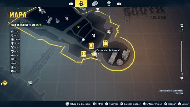 LEGO Batman: El Legado del Caballero Oscuro - Localizaci�n en el mapa del cartel de Se busca 01 en Sur de Old Gotham