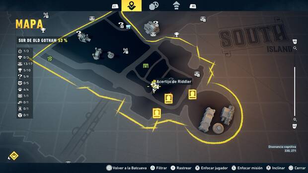 LEGO Batman: El Legado del Caballero Oscuro - Localizaci�n en el mapa del acertijo de Riddler 06 en Sur de Old Gotham