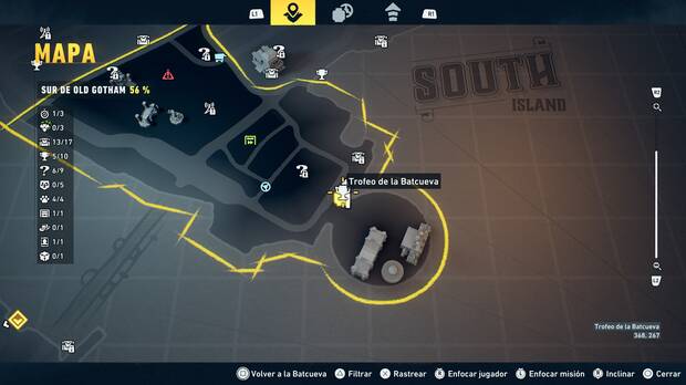 LEGO Batman: El Legado del Caballero Oscuro - Localizaci�n en el mapa del trofeo de la Batcueva Dado 06 en Sur de Old Gotham