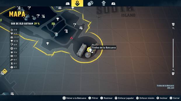 LEGO Batman: El Legado del Caballero Oscuro - Localizaci�n en el mapa del trofeo de la Batcueva Dado 01 en Sur de Old Gotham