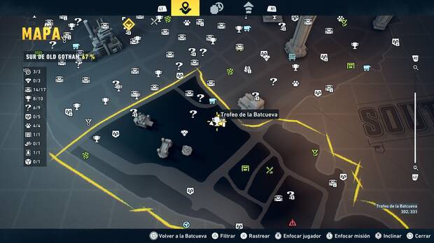 LEGO Batman: El Legado del Caballero Oscuro - Localizaci�n en el mapa del trofeo de la Batcueva Dado 09 en Sur de Old Gotham
