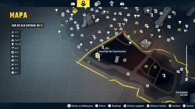LEGO Batman: El Legado del Caballero Oscuro - Localizaci�n en el mapa del acertijo de Cluemaster 01 en Sur de Old Gotham