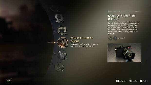 007 First Light - Armas y artilugios; camara de onda de choque en el menú de artilugios