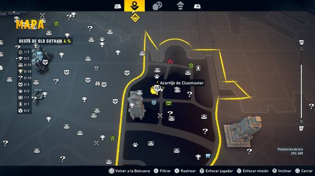 LEGO Batman: El Legado del Caballero Oscuro - Localizaci�n en el mapa del acertijo de Cluemaster 01 en Oeste de Old Gotham