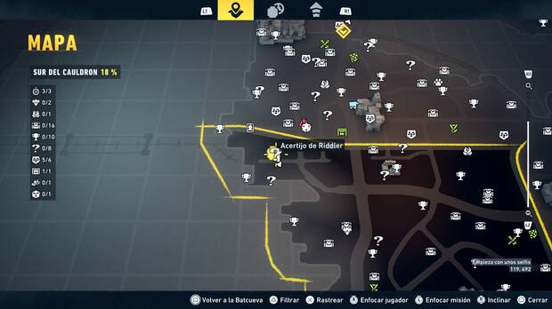 LEGO Batman: El Legado del Caballero Oscuro - Localizaci�n en el mapa del acertijo de Riddler 01 en Sur del Cauldron