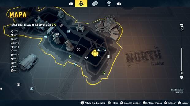 LEGO Batman: El Legado del Caballero Oscuro - Localizaci�n en el mapa del acertijo de Cluemaster 01 en East End - Milla de la diversi�n
