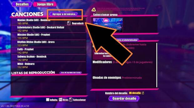 Dead as Disco - C�mo usar tus propias canciones, ubicaci�n del bot�n para agretar tu propia m�sica
