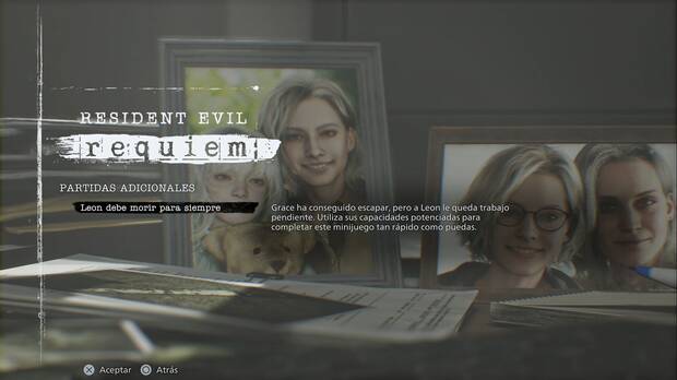 Resident Evil Requiem - Leon Debe Morir Para Siempre, men� principal del juego con la secci�n de Partidas adicionales y Leon debe morir para siempre resaltada