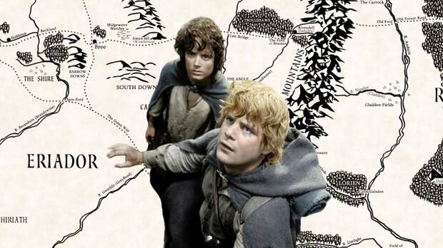 Composición de Frodo y Sam sobre una representación de los mapas de El Señor de los Anillos creados por LOTRproject