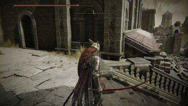 Elden Ring: Shadow of the Erdtree - Belurat, asentamiento de la torre: tejado estrecho junto a la puerta que lleva a los escalones de los pájaros