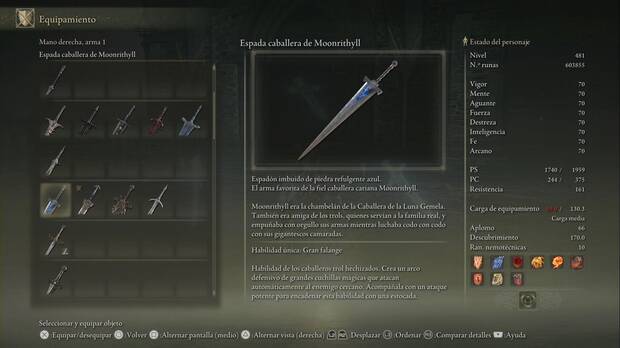 Elden Ring: Shadow of the Erdtree - Espada caballera de Moonrithyll