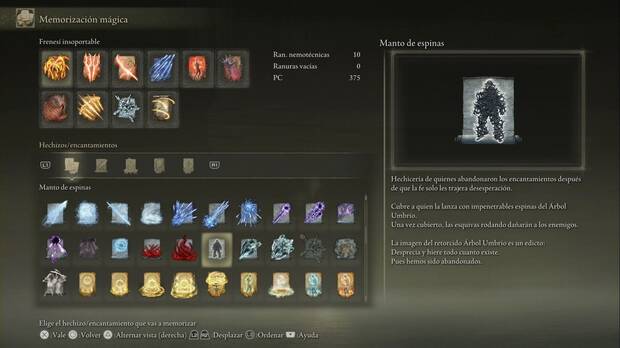 Elden Ring: Shadow of the Erdtree - Fortaleza Sombra: hechizo Manto de espinas en el men de memorizacin mgica