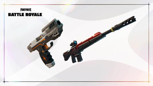 Fortnite Battle Royale - Armas del Capítulo 6, Temporada 3, composición con la Pistola de hiperrafaga y el Fusil de tirador designado certero