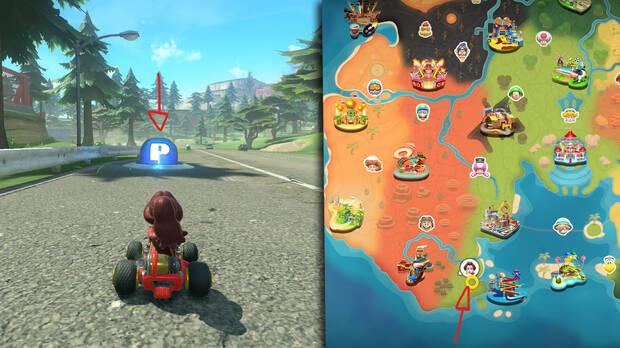 Mario Kart World - Localización de misión de interruptor P en Ciudad Corona donde se pilota un helicóptero