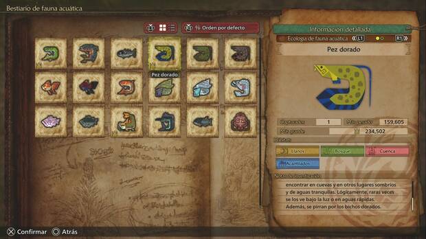 Monster Hunter Wilds - Misiones de pesca, ficha del Pez dorado