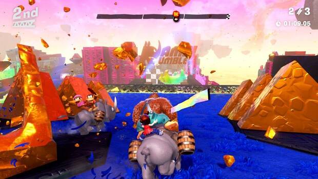 Donkey Kong Bananza - Captura del minijuego de carreras de rinocerontes