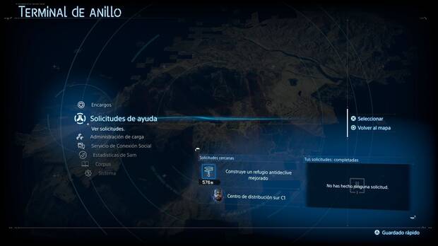 Death Stranding 2 - Solicitudes de ayuda: seccin de solicitudes de ayuda en el terminal de anillo