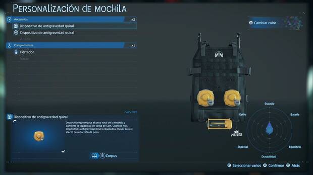 Death Stranding 2 - Mejoras de la mochila, menú de personalización de la mochila