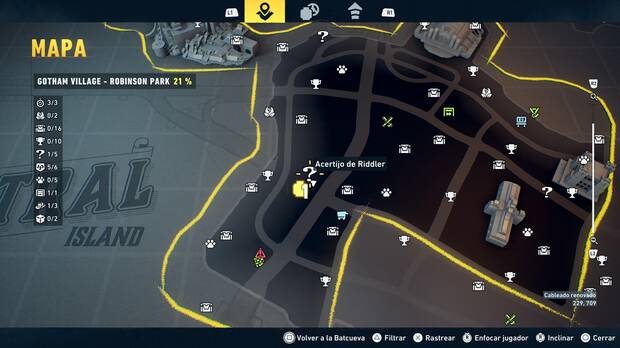 LEGO Batman: El Legado del Caballero Oscuro - Localizaci�n en el mapa del acertijo de Riddler 02 en Gotham Village - Robinson Park