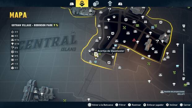LEGO Batman: El Legado del Caballero Oscuro - Localizaci�n en el mapa del acertijo de Cluemaster 01 en Gotham Village - Robinson Park