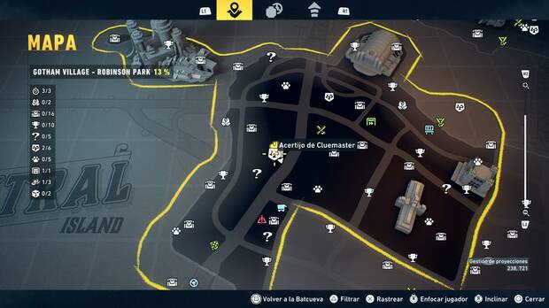 LEGO Batman: El Legado del Caballero Oscuro - Localizaci�n en el mapa del acertijo de Cluemaster 03 en Gotham Village - Robinson Park