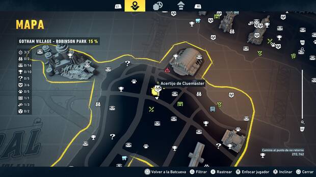 LEGO Batman: El Legado del Caballero Oscuro - Localizaci�n en el mapa del acertijo de Cluemaster 04 en Gotham Village - Robinson Park
