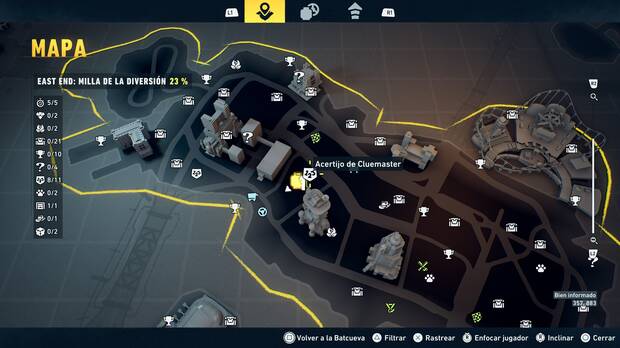 LEGO Batman: El Legado del Caballero Oscuro - Localizaci�n en el mapa del acertijo de Cluemaster 09 en East End - Milla de la diversi�n