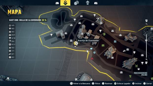 LEGO Batman: El Legado del Caballero Oscuro - Localizaci�n en el mapa del acertijo de Cluemaster 10 en East End - Milla de la diversi�n