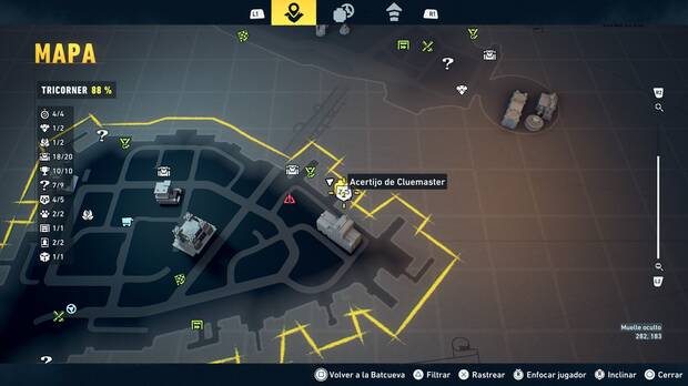 LEGO Batman: El Legado del Caballero Oscuro - Localizaci�n en el mapa del acertijo de Cluemaster 05 en Tricorner
