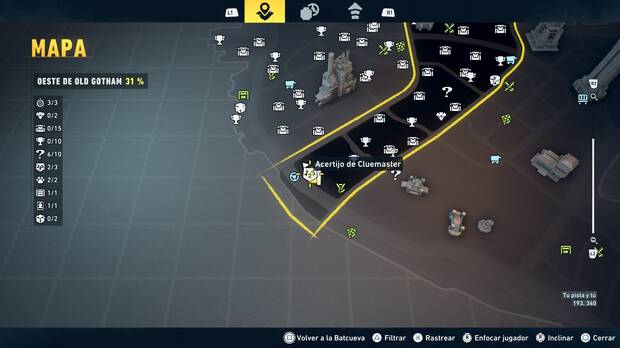 LEGO Batman: El Legado del Caballero Oscuro - Localizaci�n en el mapa del acertijo de Cluemaster 03 en Oeste de Old Gotham