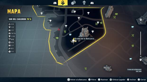 LEGO Batman: El Legado del Caballero Oscuro - Localizaci�n en el mapa del trofeo de la Batcueva Sombrero de copa 02 en Sur del Cauldron
