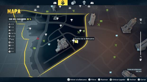LEGO Batman: El Legado del Caballero Oscuro - Localizaci�n en el mapa del trofeo de la Batcueva Sombrero de copa 03 en Sur del Cauldron