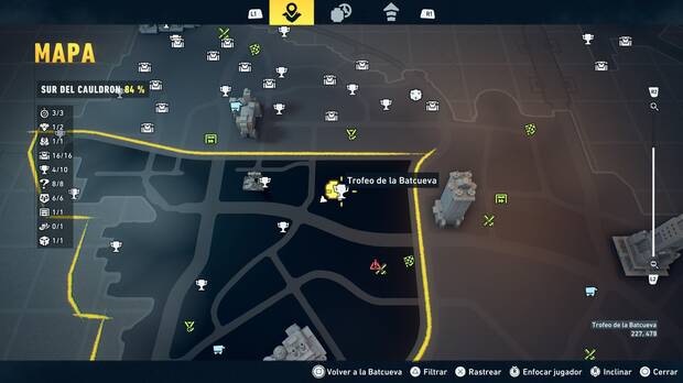 LEGO Batman: El Legado del Caballero Oscuro - Localizaci�n en el mapa del trofeo de la Batcueva Sombrero de copa 05 en Sur del Cauldron