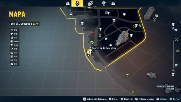 LEGO Batman: El Legado del Caballero Oscuro - Localizaci�n en el mapa del trofeo de la Batcueva Sombrero de copa 01 en Sur del Cauldron