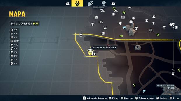 LEGO Batman: El Legado del Caballero Oscuro - Localizaci�n en el mapa del trofeo de la Batcueva Sombrero de copa 10 en Sur del Cauldron