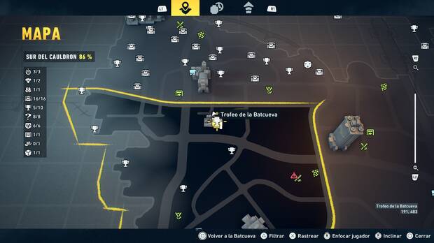 LEGO Batman: El Legado del Caballero Oscuro - Localizaci�n en el mapa del trofeo de la Batcueva Sombrero de copa 06 en Sur del Cauldron