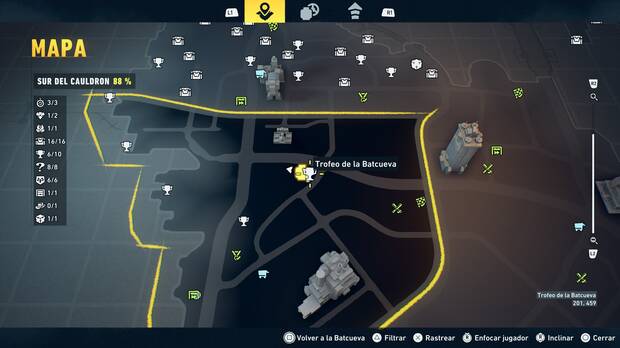 LEGO Batman: El Legado del Caballero Oscuro - Localizaci�n en el mapa del trofeo de la Batcueva Sombrero de copa 07 en Sur del Cauldron
