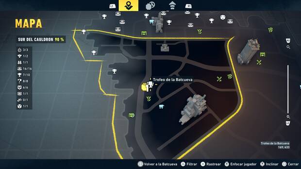 LEGO Batman: El Legado del Caballero Oscuro - Localizaci�n en el mapa del trofeo de la Batcueva Sombrero de copa 08 en Sur del Cauldron