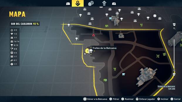 LEGO Batman: El Legado del Caballero Oscuro - Localizaci�n en el mapa del trofeo de la Batcueva Sombrero de copa 09 en Sur del Cauldron