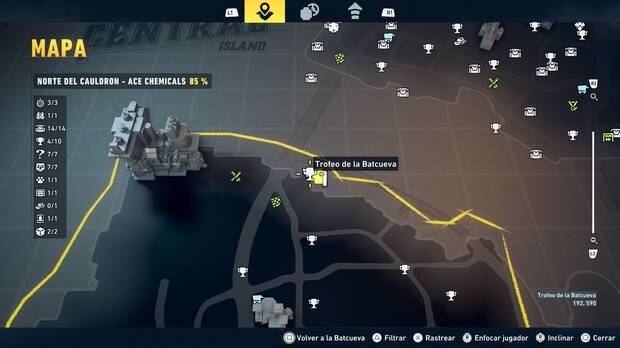 LEGO Batman: El Legado del Caballero Oscuro - Localizaci�n en el mapa del trofeo de la Batcueva Lunar 05 en Norte del Cauldron - Ace Chemicals