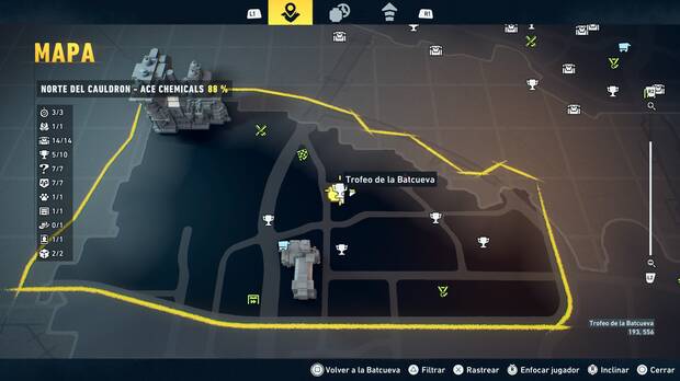 LEGO Batman: El Legado del Caballero Oscuro - Localizaci�n en el mapa del trofeo de la Batcueva Lunar 06 en Norte del Cauldron - Ace Chemicals