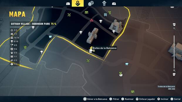 LEGO Batman: El Legado del Caballero Oscuro - Localizaci�n en el mapa del trofeo de la Batcueva Calendario 01 en Gotham Village - Robinson Park