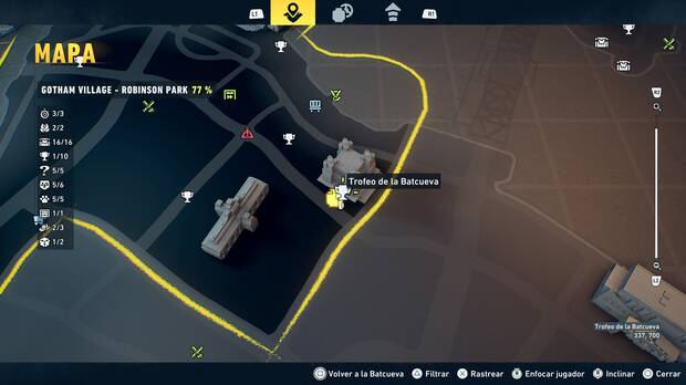 LEGO Batman: El Legado del Caballero Oscuro - Localizaci�n en el mapa del trofeo de la Batcueva Calendario 02 en Gotham Village - Robinson Park