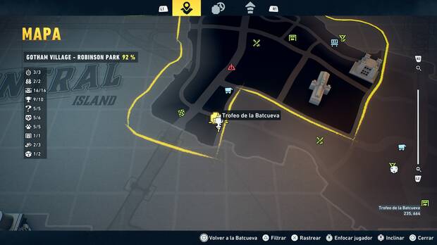 LEGO Batman: El Legado del Caballero Oscuro - Localizaci�n en el mapa del trofeo de la Batcueva Calendario 10 en Gotham Village - Robinson Park