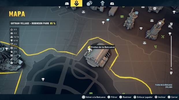 LEGO Batman: El Legado del Caballero Oscuro - Localizaci�n en el mapa del trofeo de la Batcueva Calendario 06 en Gotham Village - Robinson Park